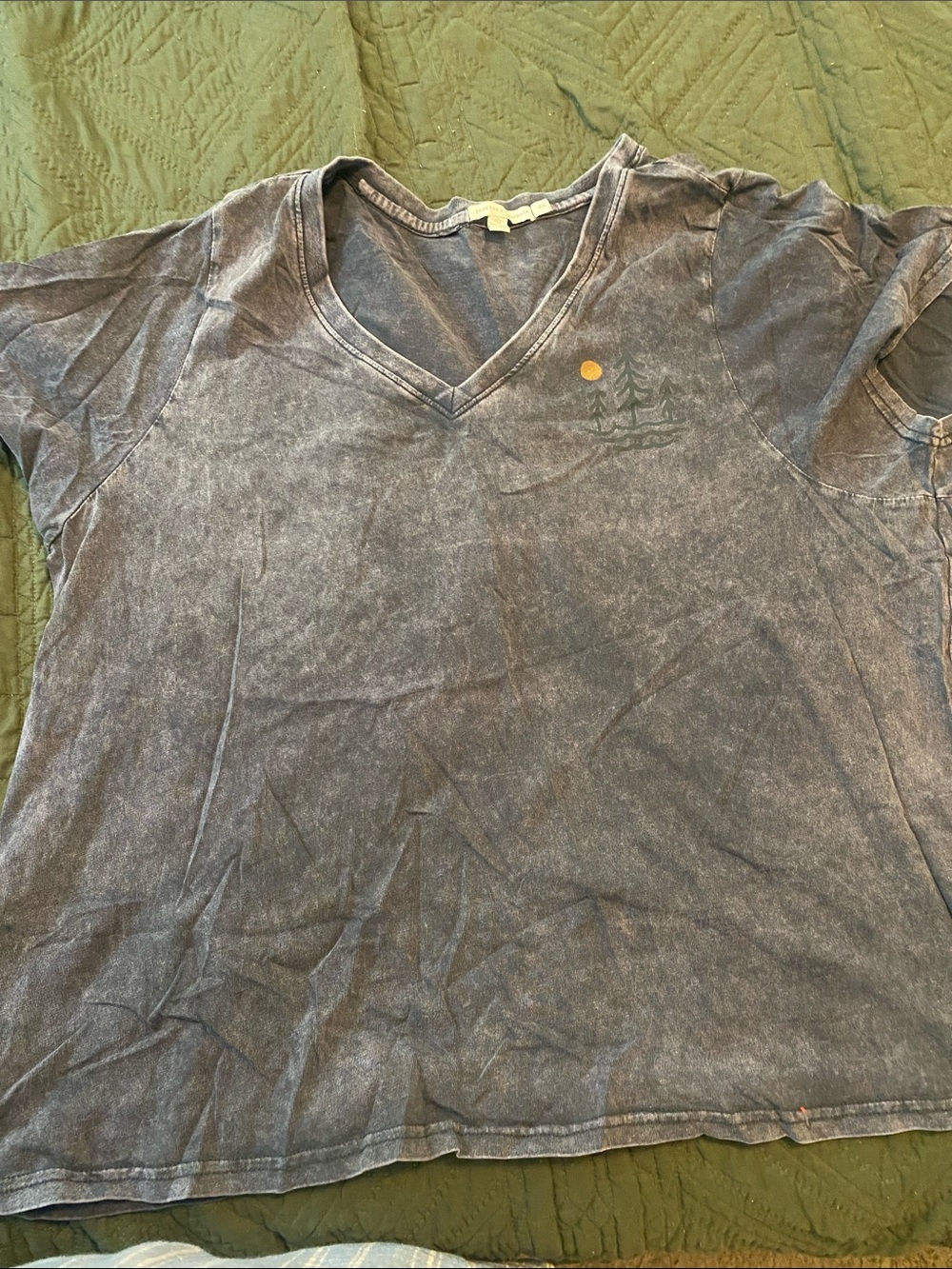 Threads 4 Thought Women's Washed Navy V‑Neck Tee with Small Sun & Tree Graphic